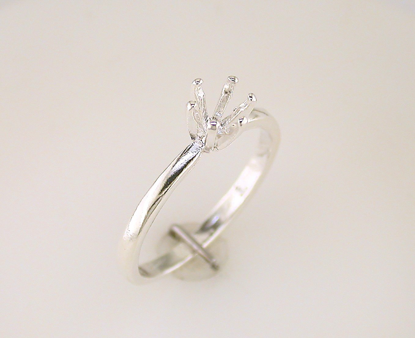 Round Six Prong Deep Vee Solitaire Ring Setting Sterling Silver
