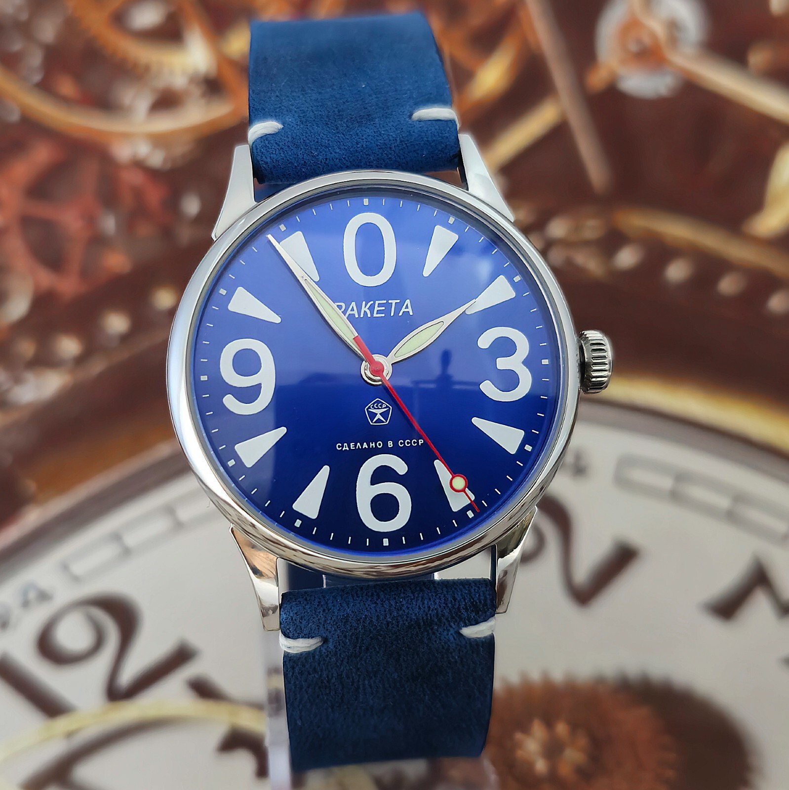 Vintage Watch USSR RAKETA Big Zero Blue Dial Wristwatch Mechanism 2609.HA 19J