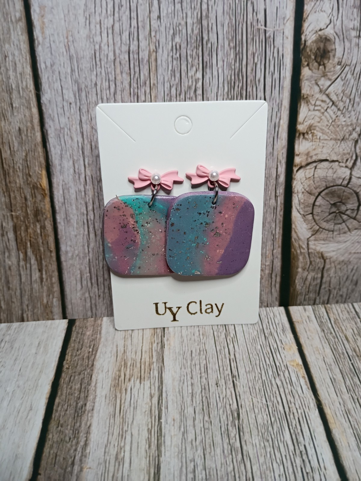 Handmade Pastel Marbled Square Ribbon Bow Polymer Clay Earrings – Hypoallergenic