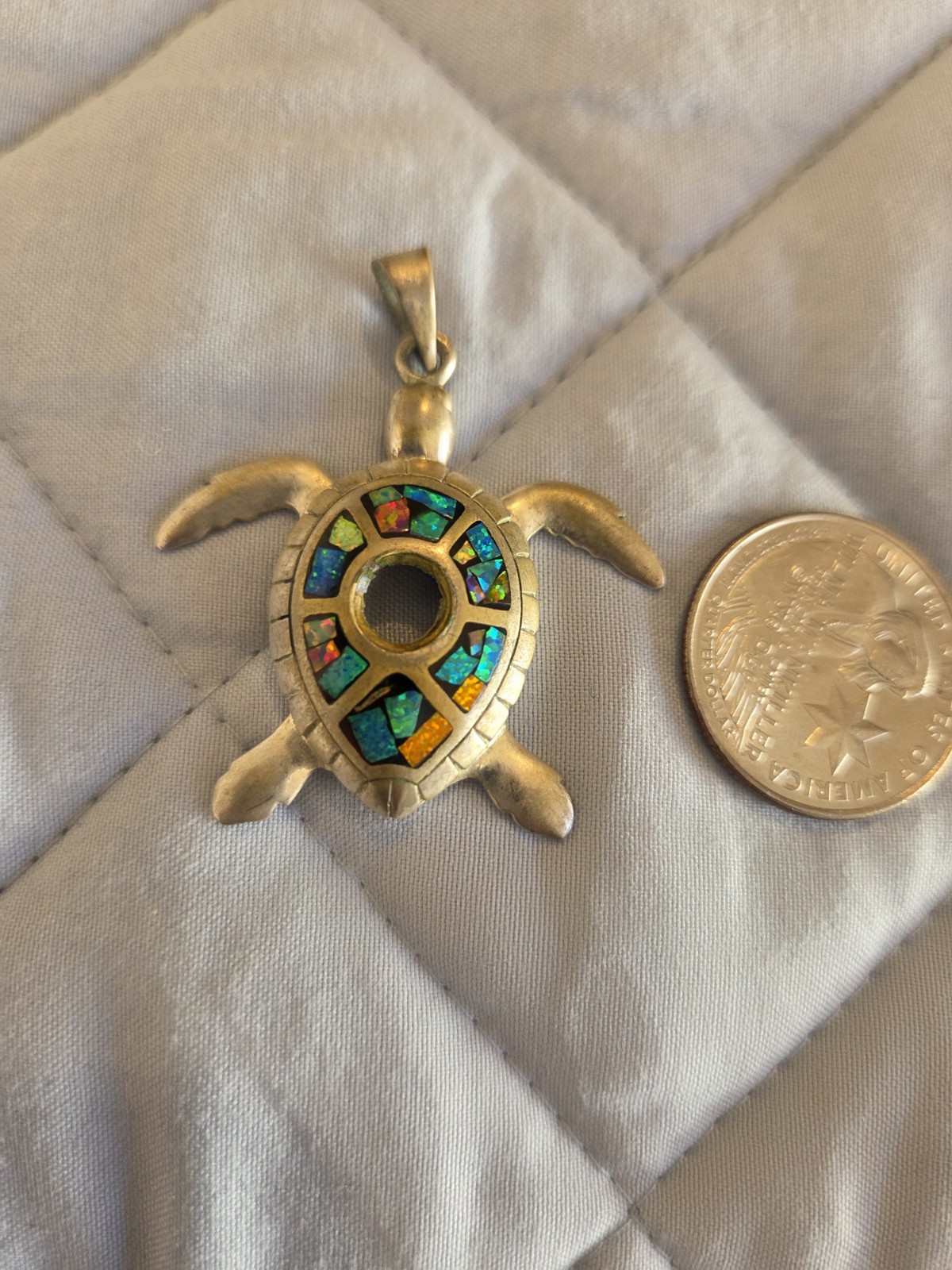 Silver Tone Turtle Charm Pendant, Multicolor Inlay Sea Animal Theme