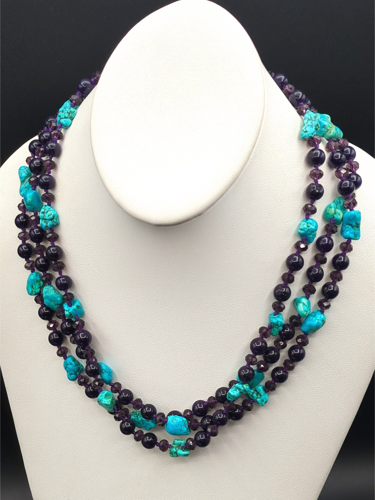 Necklace Multistrand Turquoise? Purple Stone? Beaded Nugget Round Faceted Cute