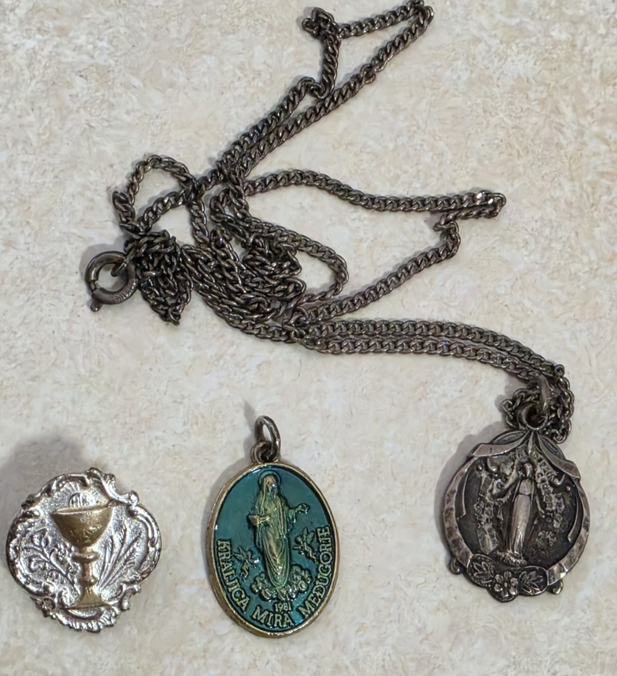 Vintage Necklace Blessed Mother Mary Pendants & Pin Medugorje Communion Souvenir