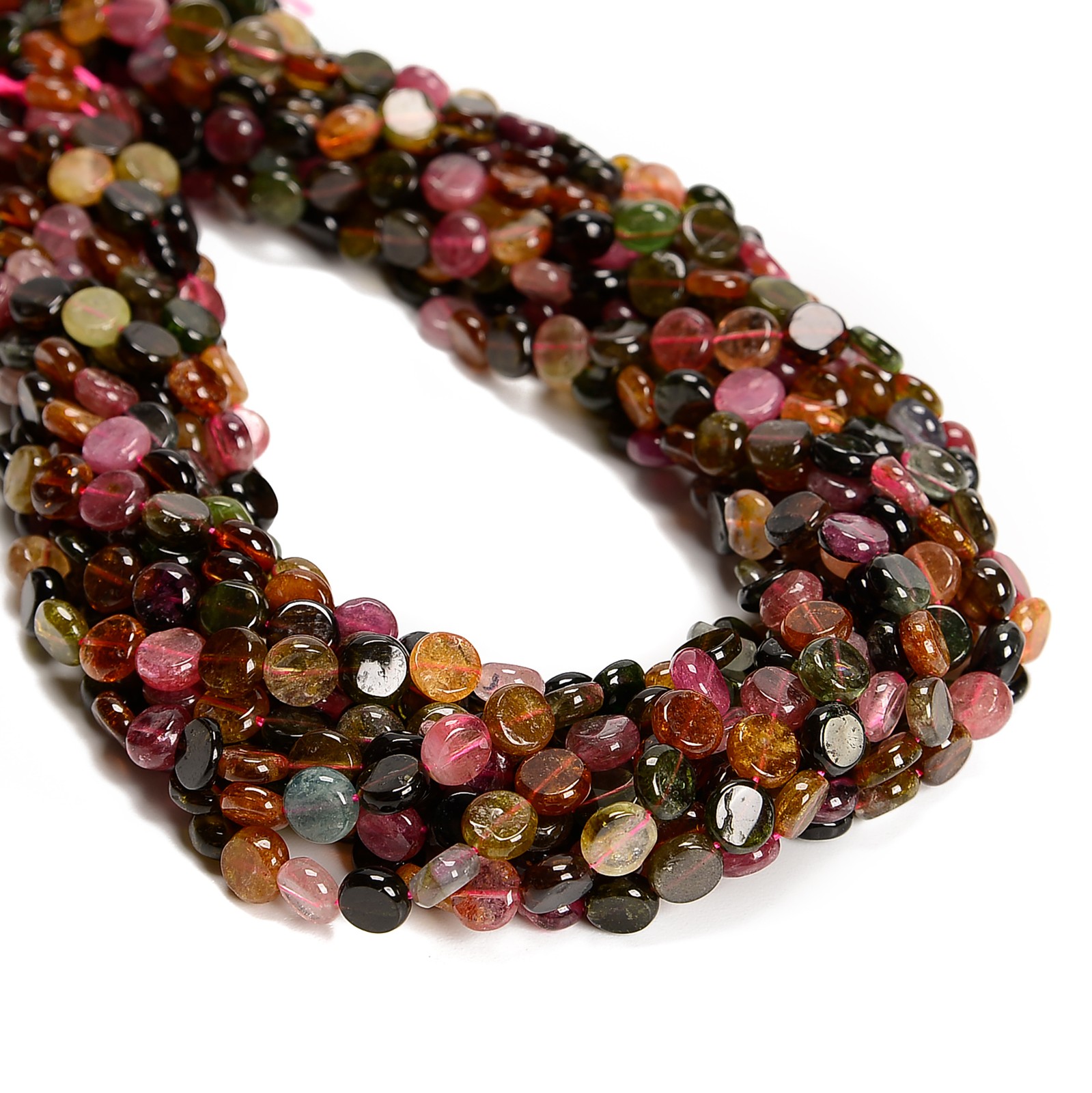 Natural Multi Color Tourmaline Smooth Flat Coin Beads Size 7-7.5mm 15.5”Strand