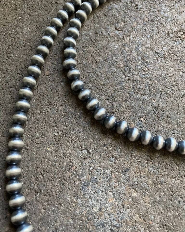 7mm 30 Inch 925 Sterling Silver Oxidized Pearls Bead Necklace Southwestern