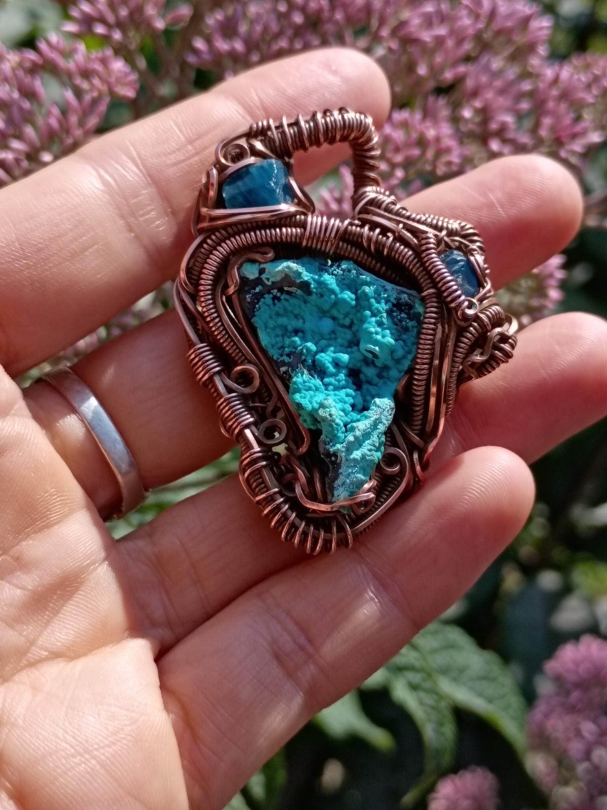 Handcrafted Wire Wrapped Natural Chrysocolla Apatite Copper Amulet Pendant