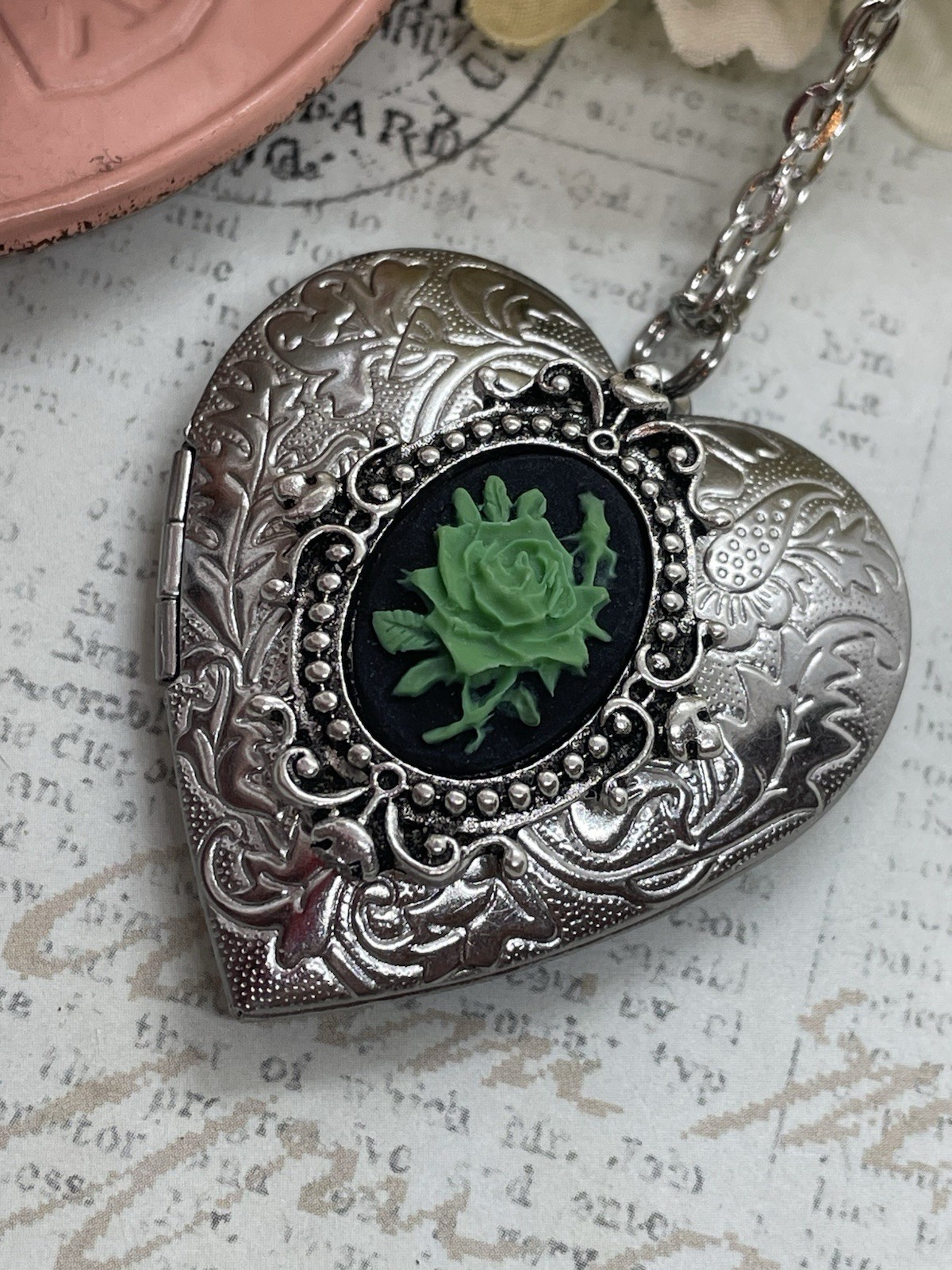 Heart Silver Locket Green Rose Gothic Black Necklace Photo Bride bridal wedding