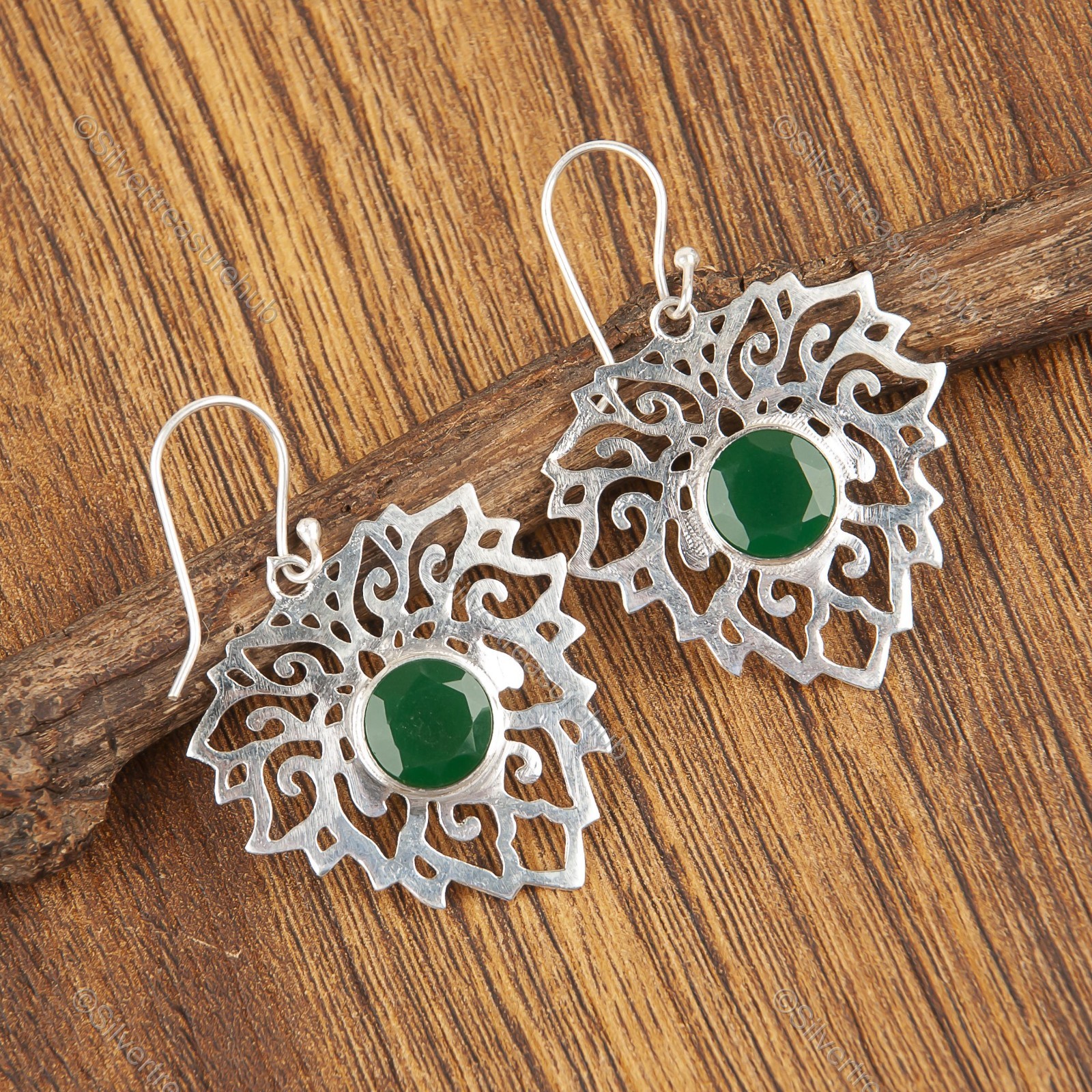 Round Green Onyx Gemstone 925 Silver New Sister Drop Anniversary Trendy Earrings