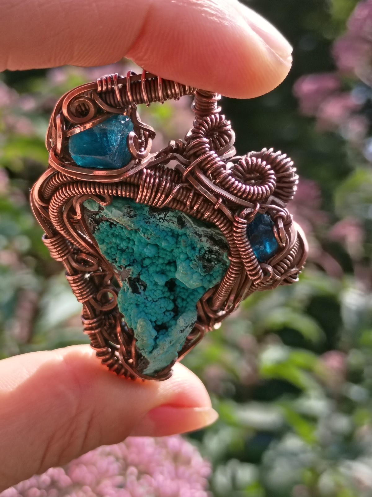 Handcrafted Wire Wrapped Natural Chrysocolla Apatite Copper Amulet Pendant