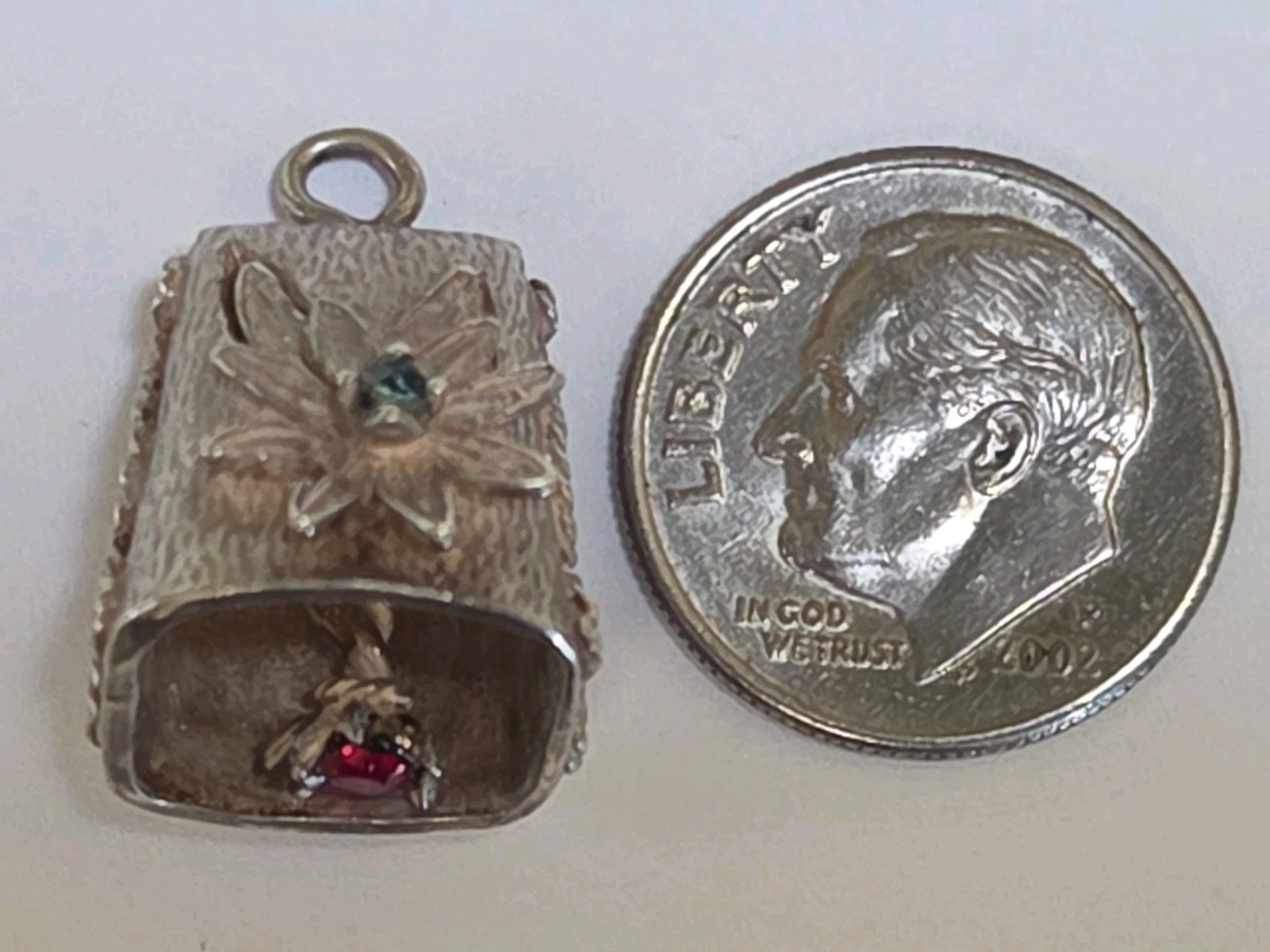 Sterling Silver ~ BELL Charm ~ Sweet Ring Noise ~ With Gems ~ RARE! ~ VINTAGE
