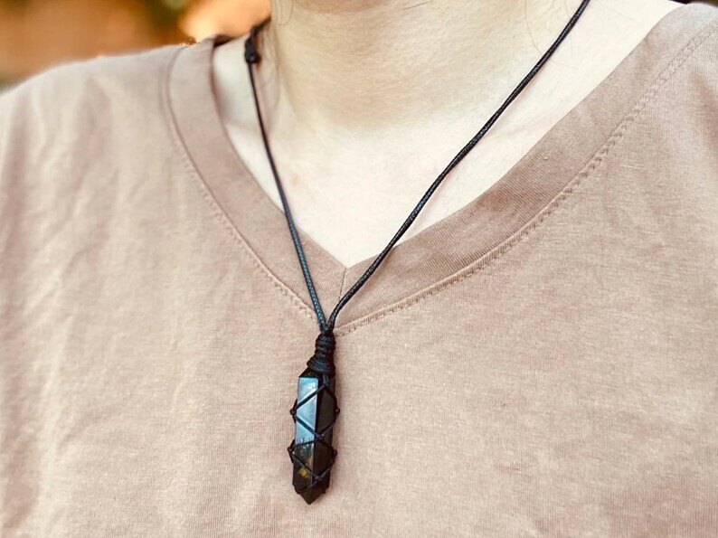 Black Obsidian Hexagonal Healing Reiki Point Wrapped Pendant Men Women Necklace