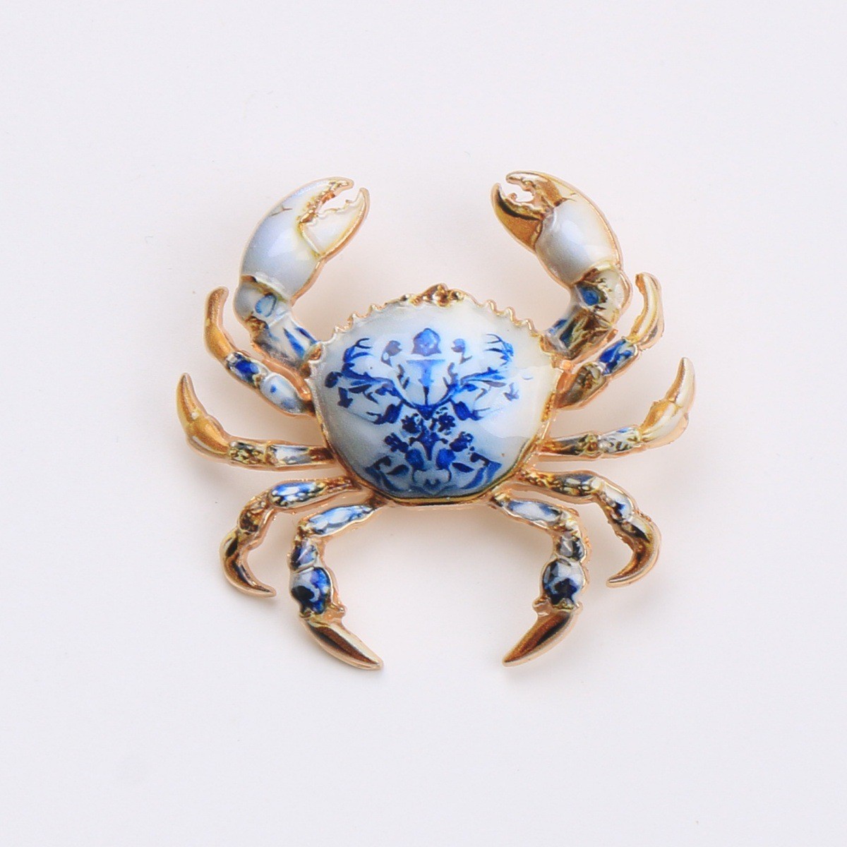 Blue and White Porcelain Pattern Crab Brooch Vintage Enamel Sea Animal Lapel Pin
