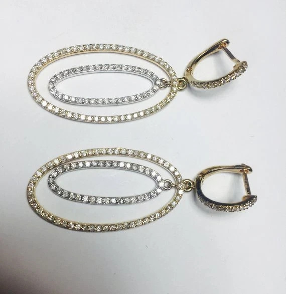 2CT Real VVS Moissanite Oval Shape Dangle Drop Earrings 14K Two-Tone Gold Plated