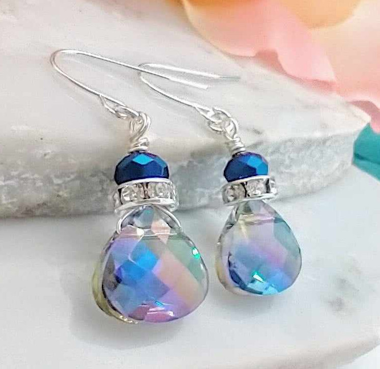 Blue Teardrop Crystal Silver Dangle Earrings, Women’s Fashion, Sparkling Drops