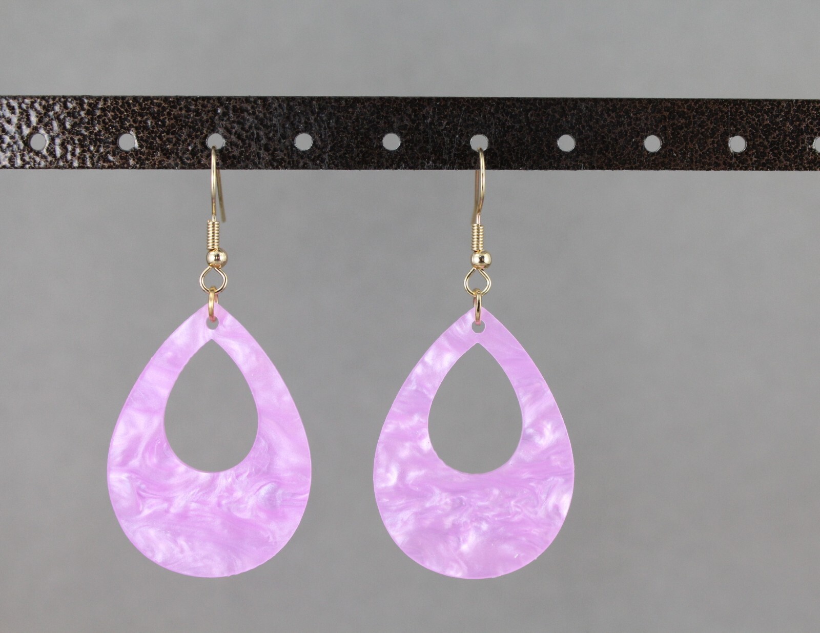 Purple teardrop earrings lightweight dangle cut out oval outline 2.25″ long