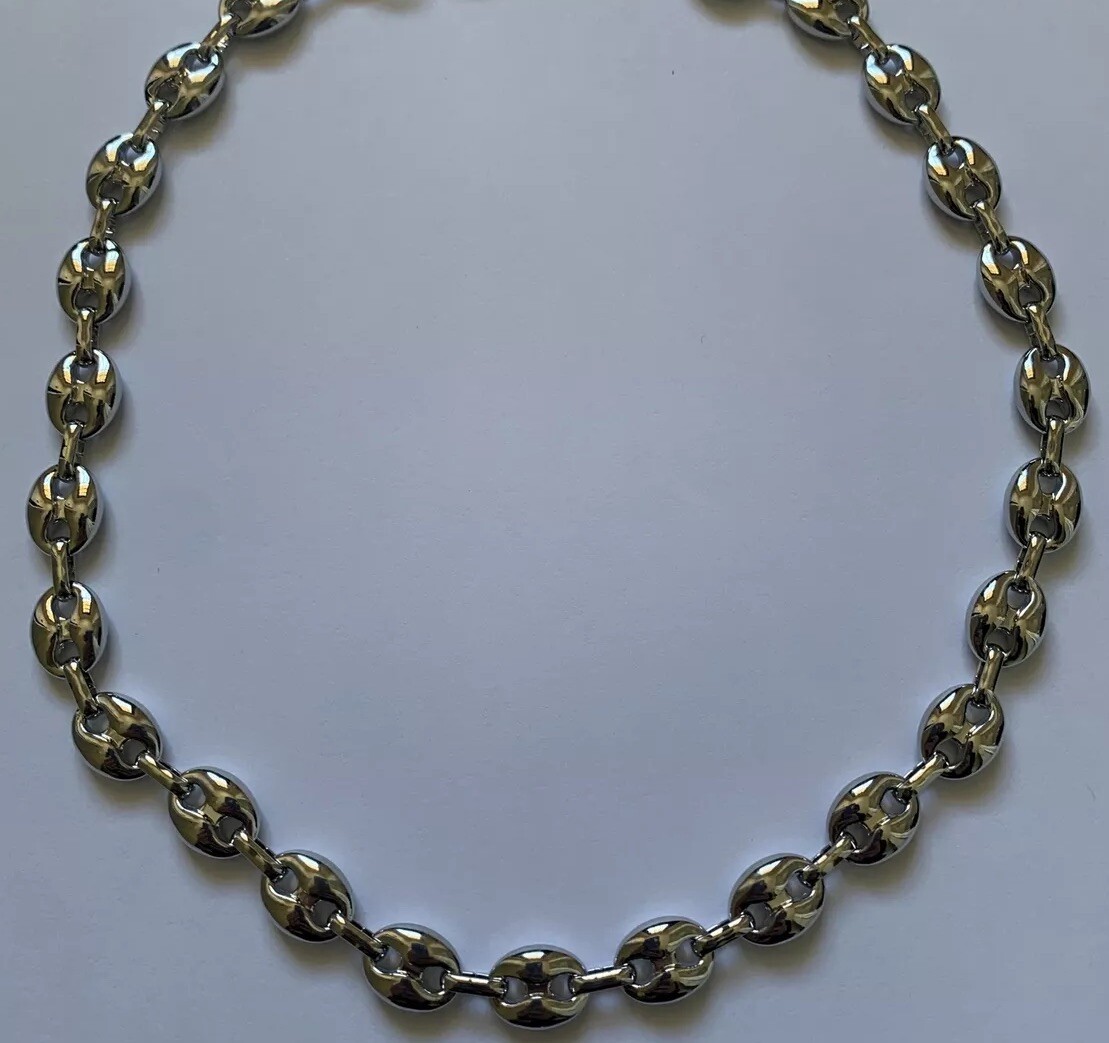 14k White gold Plated Puffy Puffed Anchor Mariner Link Chain Necklace 1cm thick