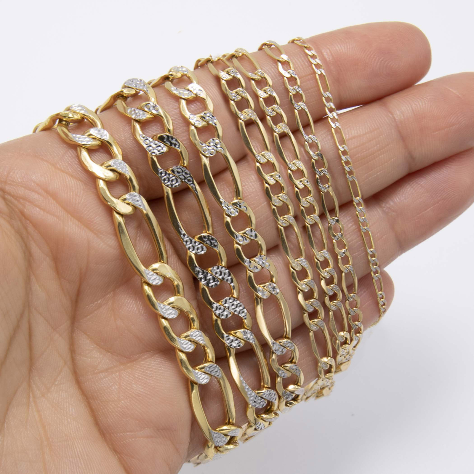 10K Yellow White Gold Diamond-Cut Figaro Link Chain Bracelet All Sizes