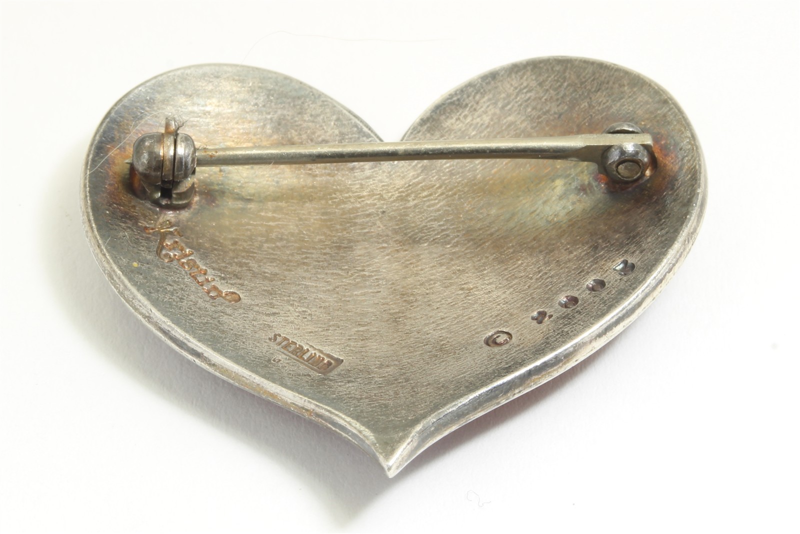 Artisan Signed Kristin Sterling Silver 2003 Red Enamel Heart Brooch Pin 7.9g