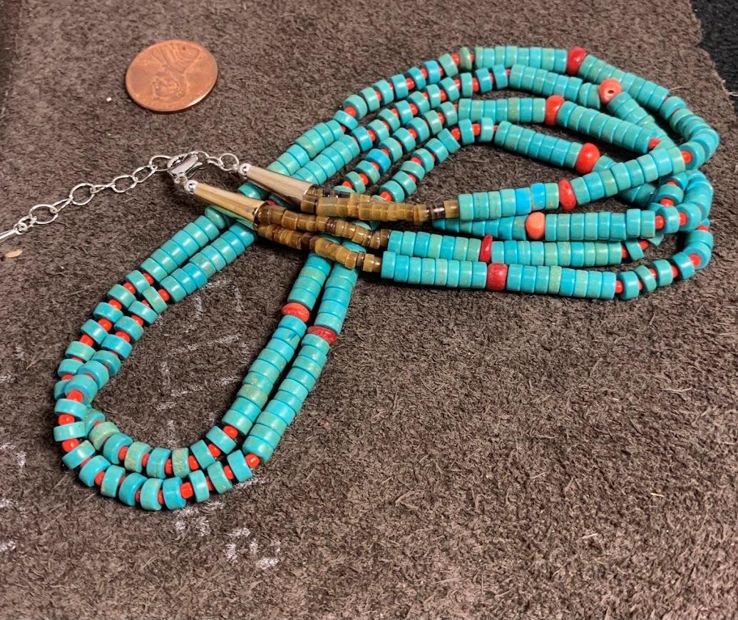 Gorgeous multi-strands reconstituted turquoise heishi/coral necklace(b204e1-w1)