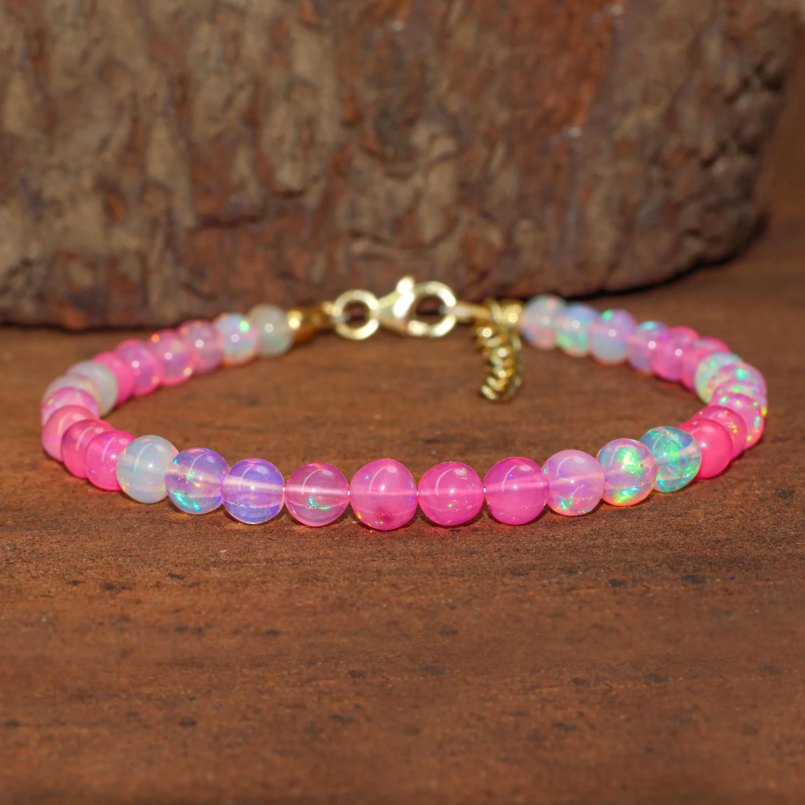 Genuine Pink Gemstone Round Beads Bracelet, Natural Fire Opal Beaded Bracelet