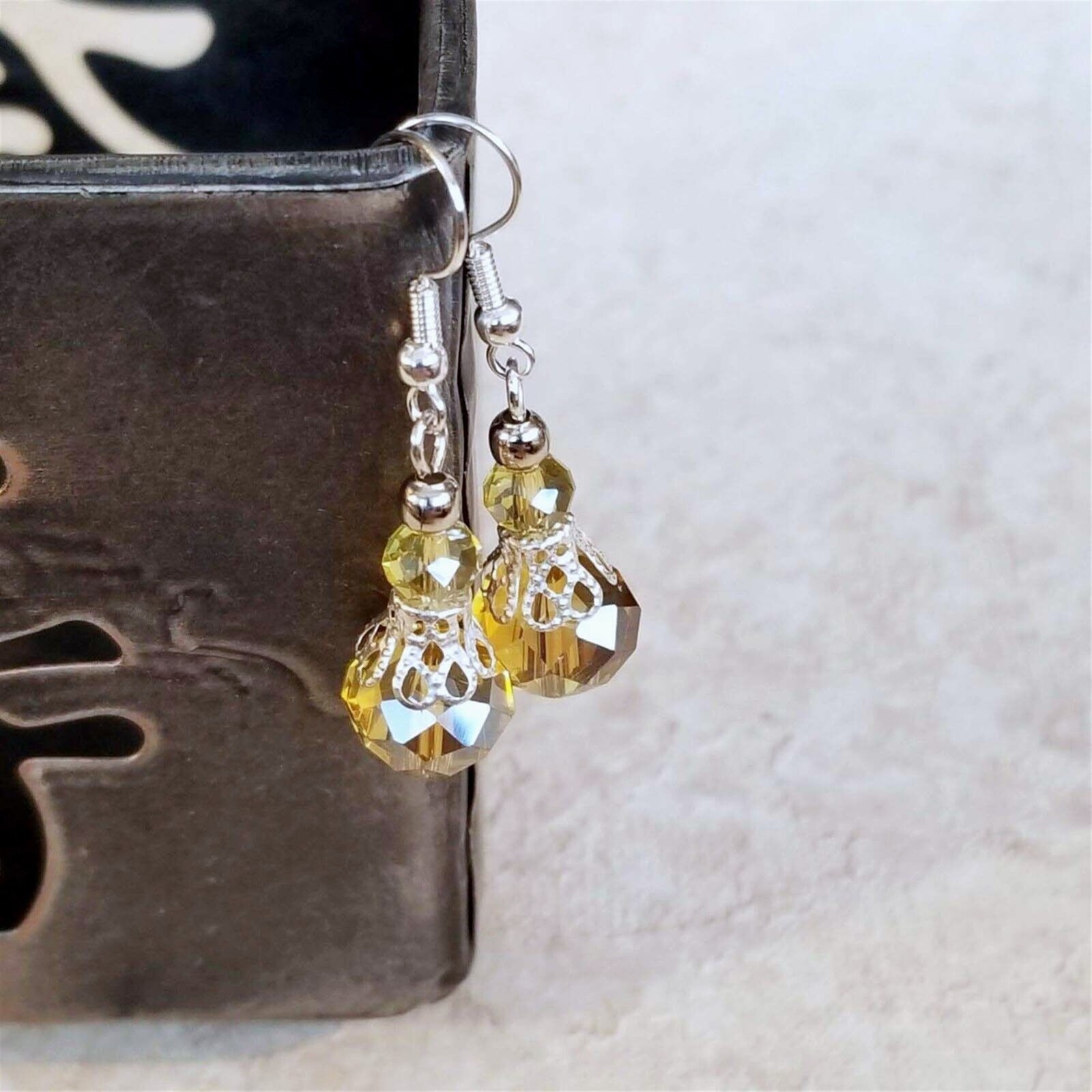 Victorian Champagne Crystal Silver Filigree Basket Handcrafted Earrings