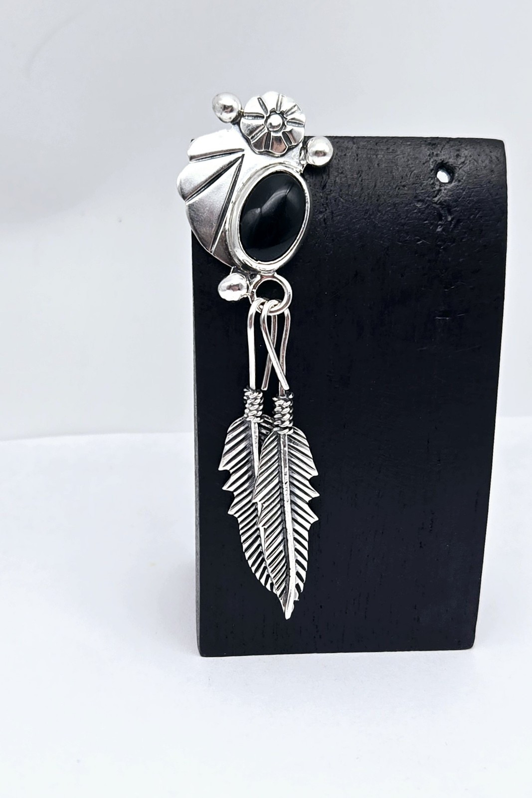 VTG Native Taxco Sterling Silver Onyx Inlay Single Post Feather Earring – 12.0g