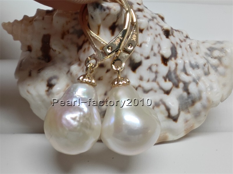 huge 12-14 natural AAA South Sea white Pearl Earrings 14K YELLOW GOLD Baroque