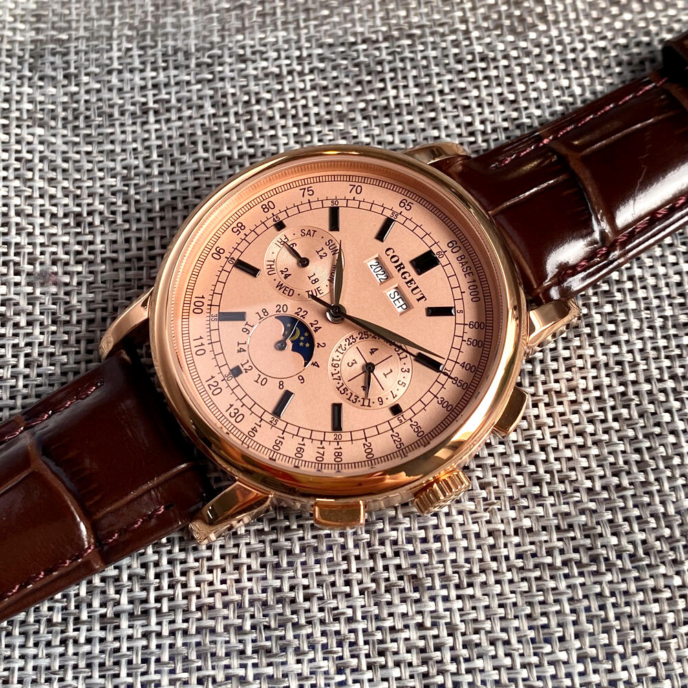 Corgeut Men Watch Rose Gold ST1655 Movement Automatic Month Week Year Moon Phase