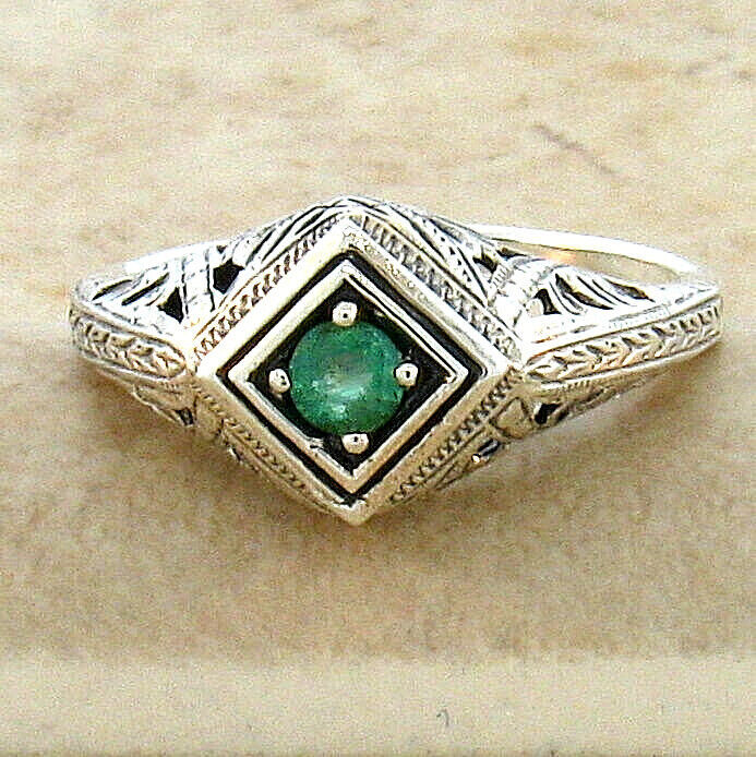NATURAL EMERALD 925 STERLING SILVER DECO ANTIQUE STYLE SOLITAIRE RING 147X