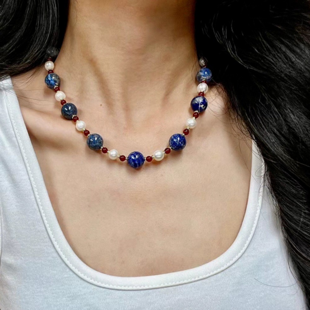 New Beautiful 10mm Lapis Lazuli Red Jade White Pearl Gemstone Necklace 16-36in
