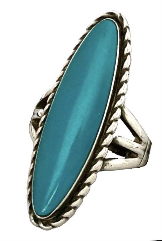 VINTAGE BELL TRADING POST Sterling Silver Tall TURQUOISE Rope Accent Ring~Size 6