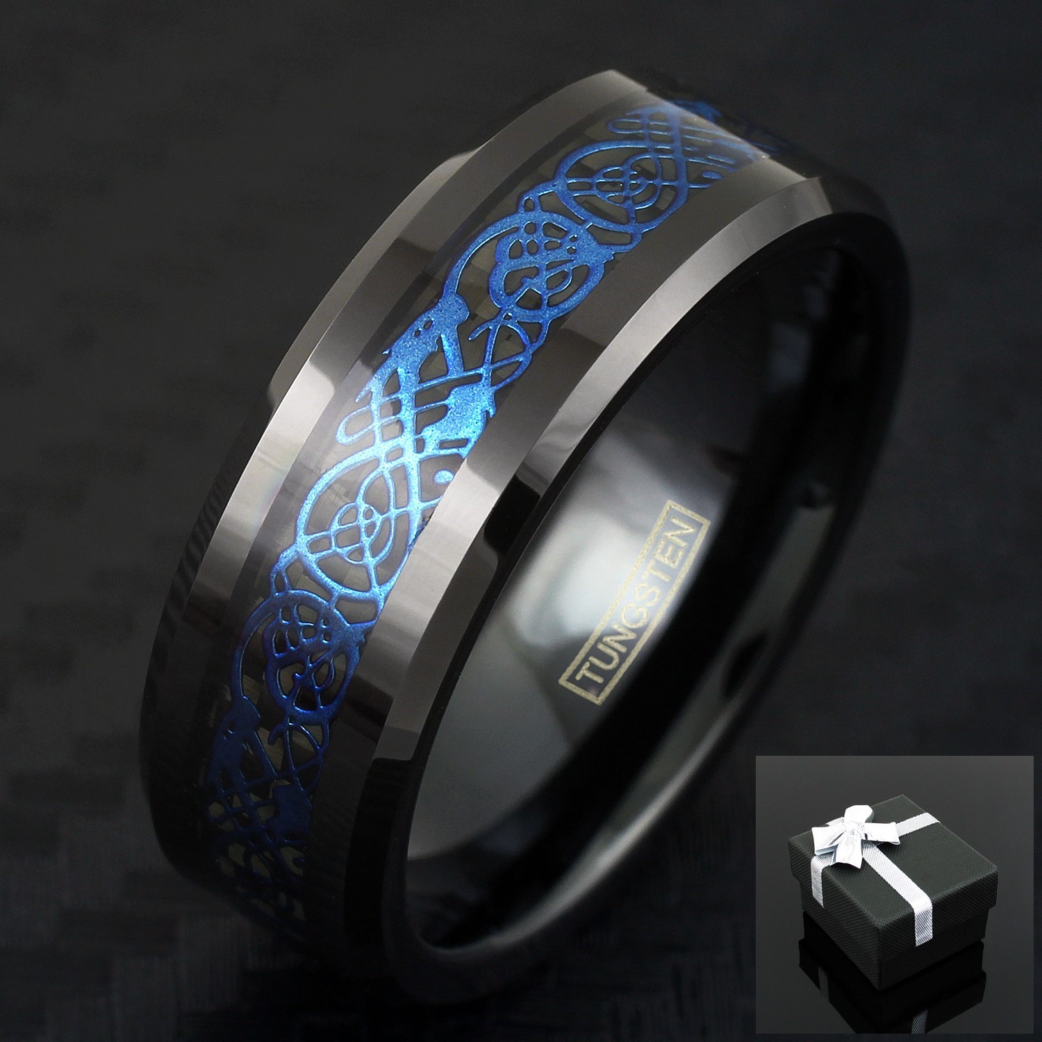 6/8mm Black Tungsten Ring Blue Celtic Dragon Blue Men’s Wedding Band Jewelry