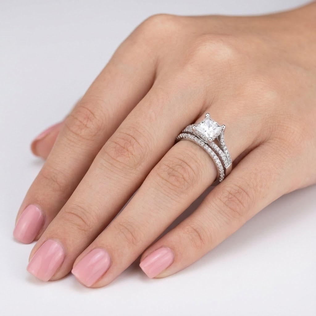 Engagement Ring Set Under Halo Platinum 2.38 CT Princess Lab-Grown Diamond H VS1