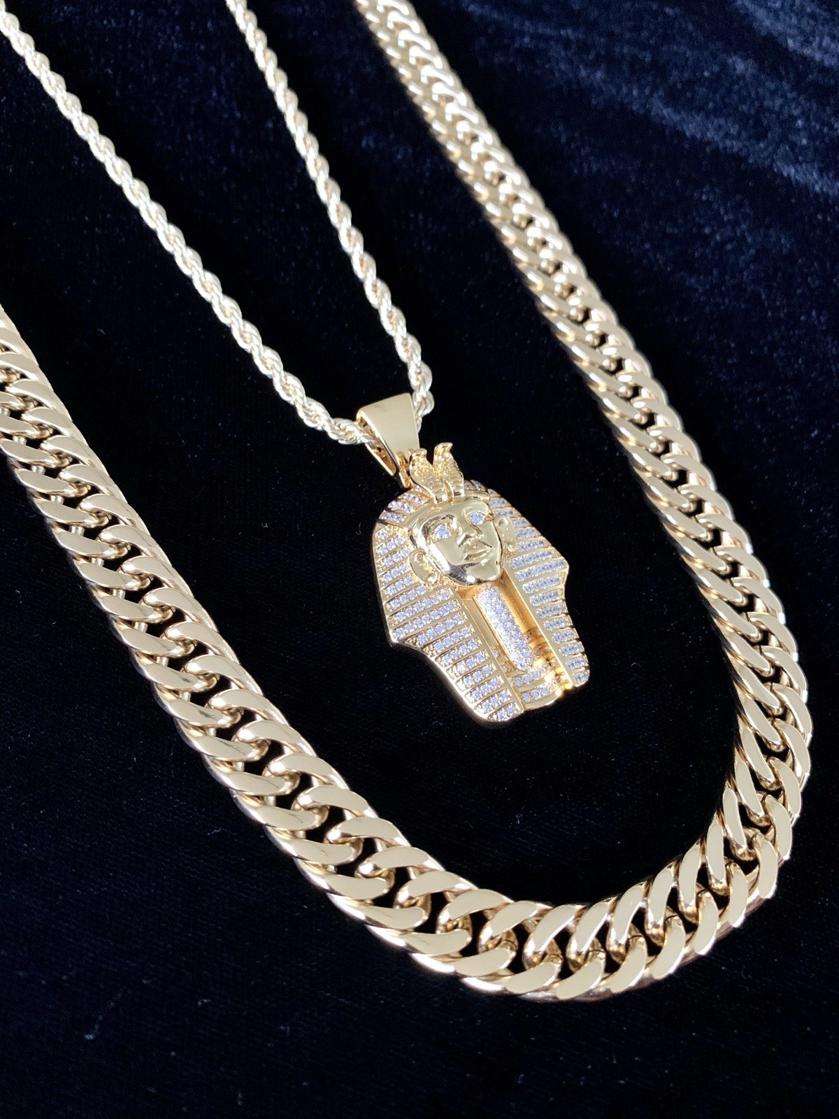 18K GOLD ROPE 24” CHAIN EGYPTIAN PHARAOH LAB DIAMONDS NECKLACE **MADE IN ITALY**