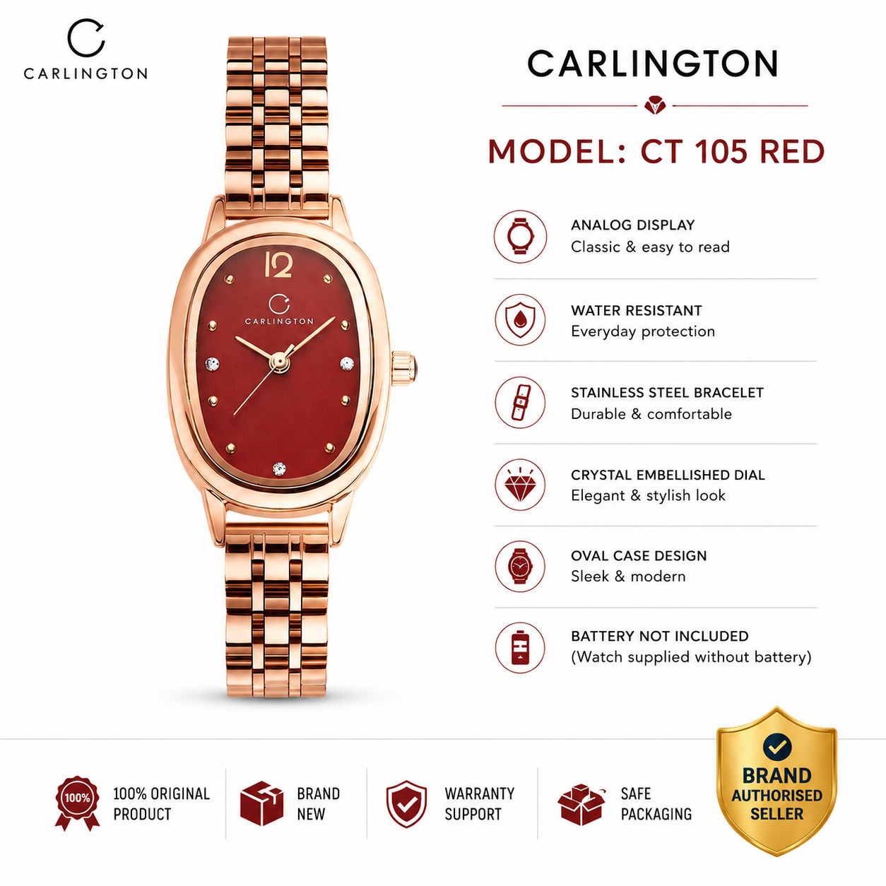 Carlington CT105 Red Women’s Analog Quartz Watch Rose Gold Bracelet
