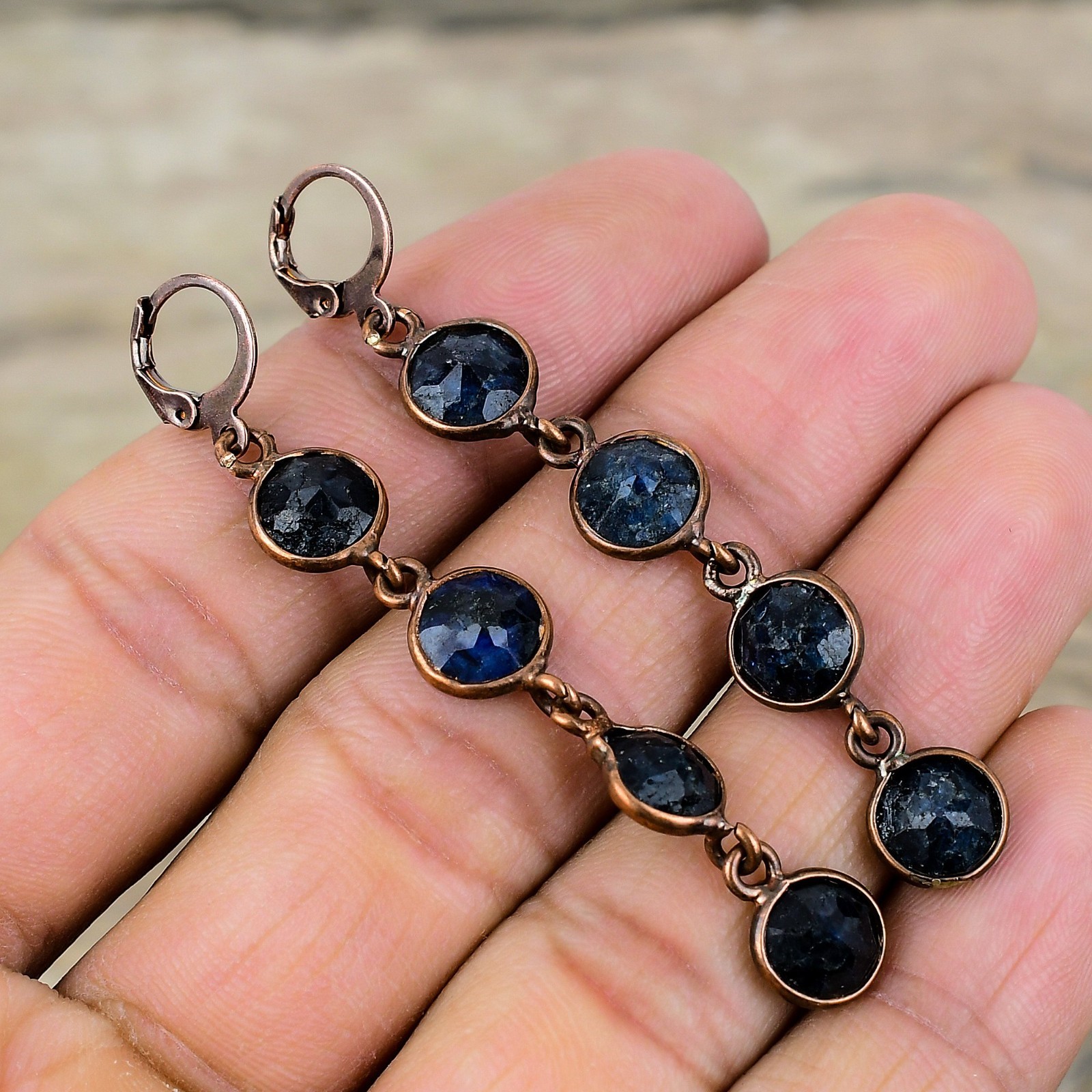 Halloween Deal Blue Saphire Gemstone Drop Dangle Electroformed Earrings Copper