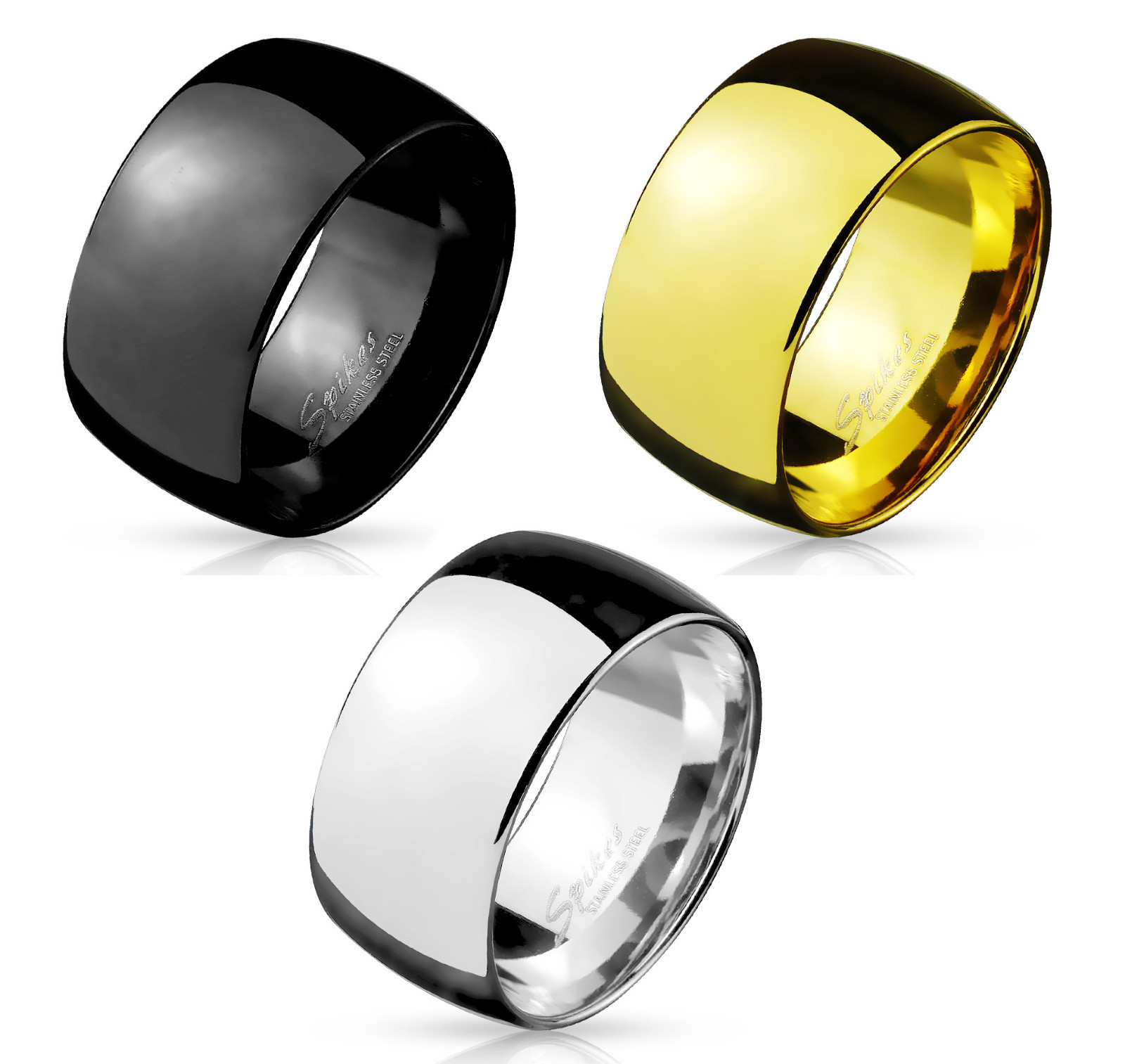 Wide 10mm Dome Stainless Steel Band Ring in Silver or Black Ion Plated