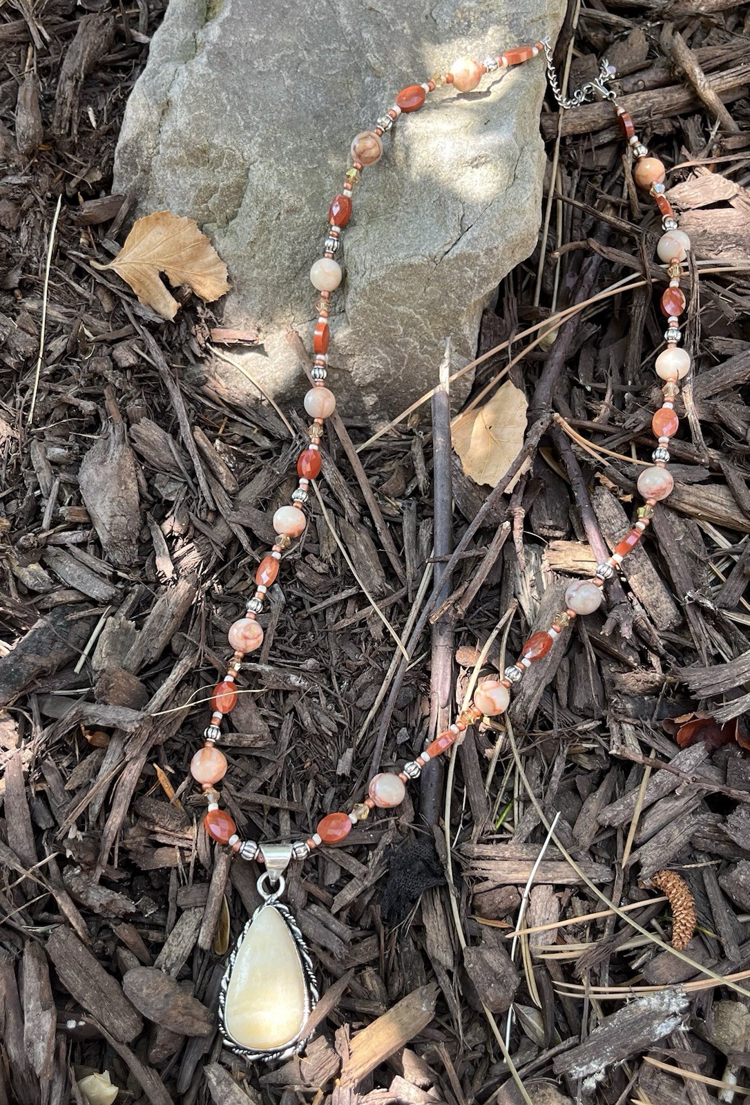 Yellow Calcite 925 Pendant Necklace ~ Red & Red Vein Jasper Accents 22.5″ NEW!