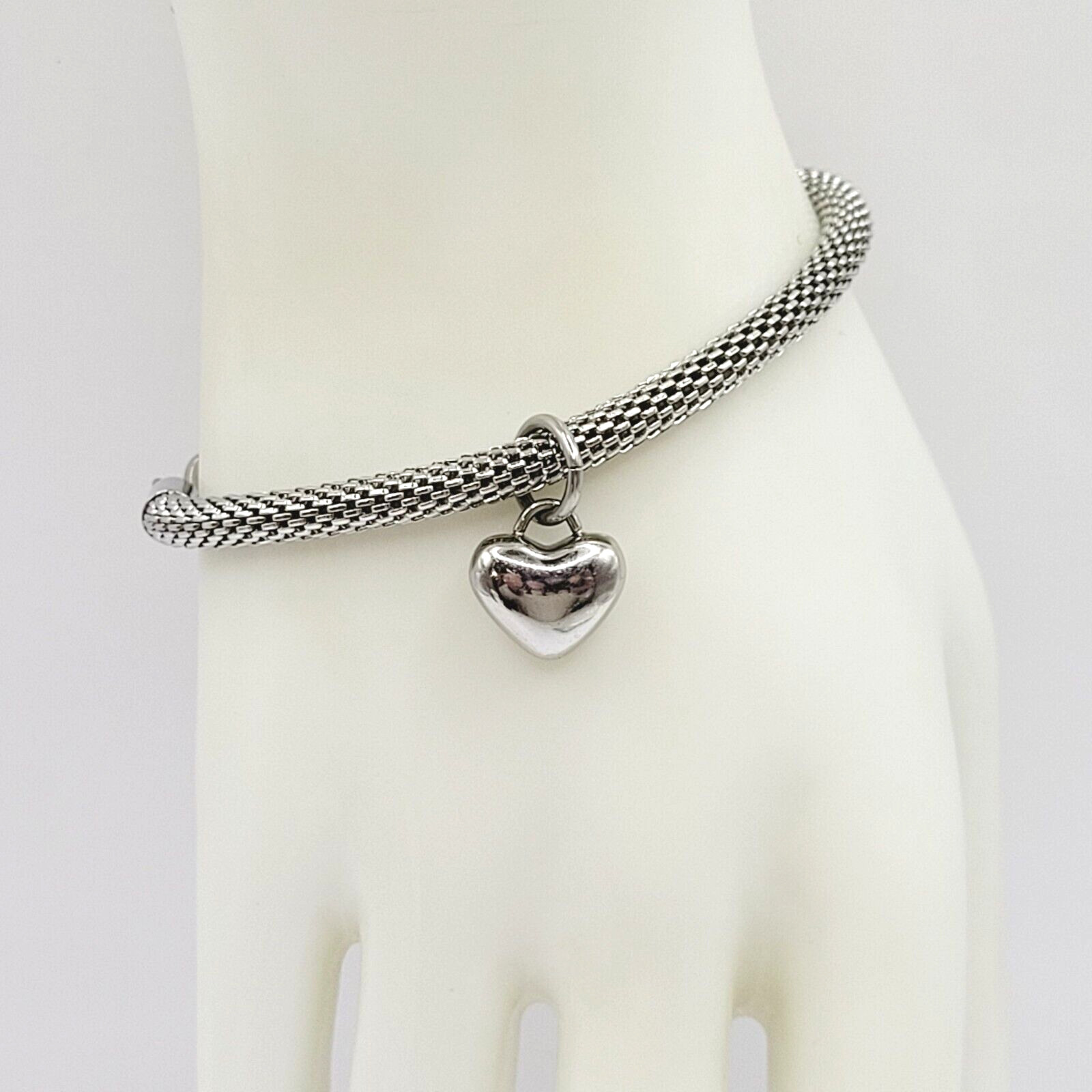 Puffy Heart Polished Charm Dangle on Silver Tone Stainless Mesh Bracelet 7 Inch