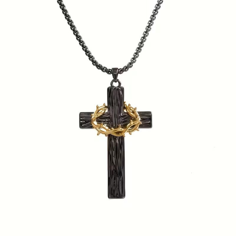 Mens Christian Cross Necklace Crown of Thorns Pendant Faith Religious Gift Jesus