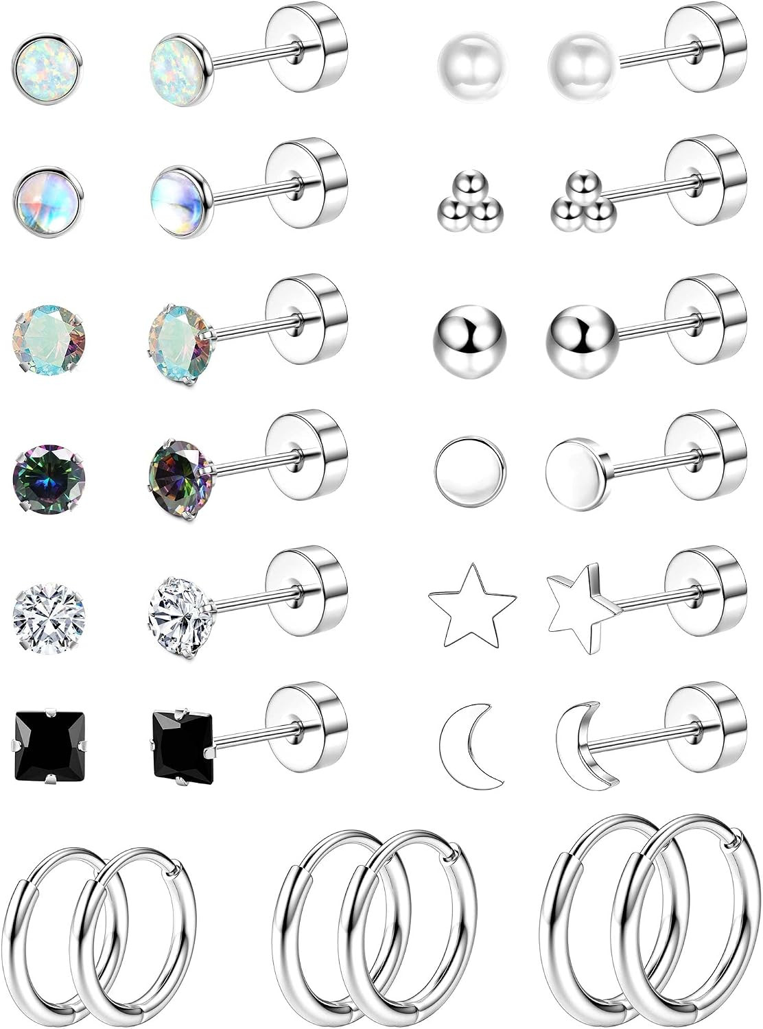 Hypoallergenic Flat Back Stud Earrings for Women Men Surgical Stainless Steel Ea