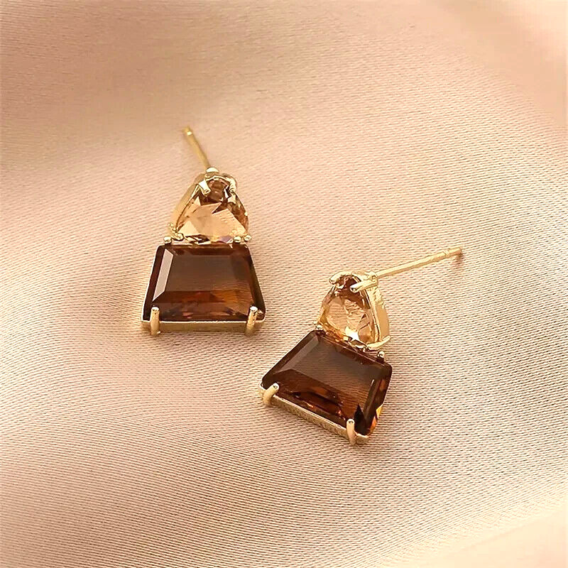 14K Gold Plated Vintage Luxury Copper Earrings Brown Sparkling Rhinestone Women