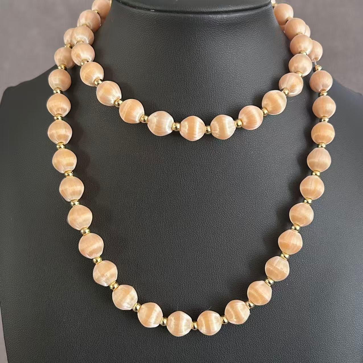 Vintage Peach Pink Silk Satin Thread Wrapped Bead Single Strand Necklace 30″