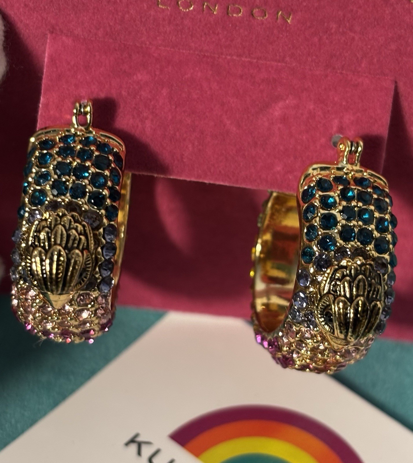 Kurt Geiger London Rainbow Crystal Eagle Hoop Earrings Gold Tone NWT