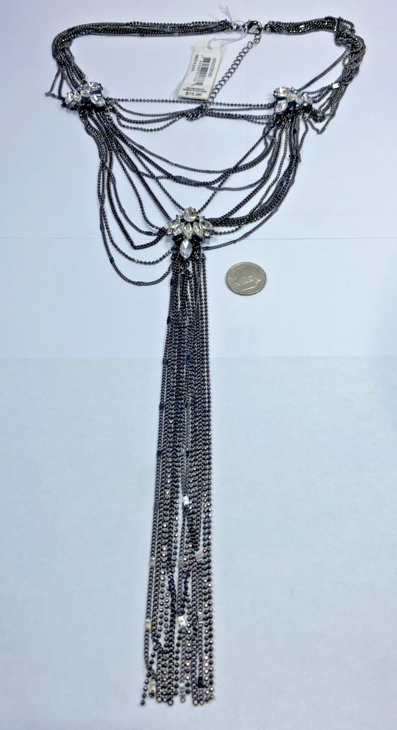 ABS by Allen Schwartz Crystal Hematite Tone Tassel Necklace, 17″ + 3″ ext, New