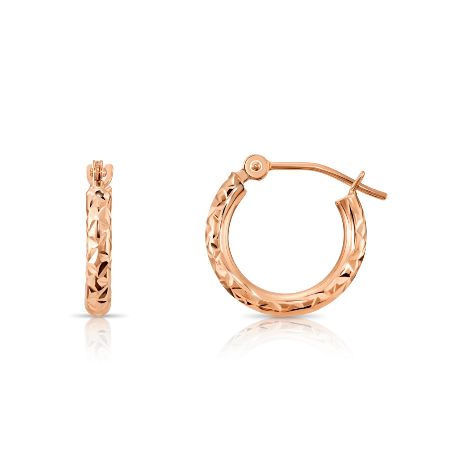 14K Solid Rose Gold Hand Engraved X Diamond-Cut Round Hoop Earrings All Sizes