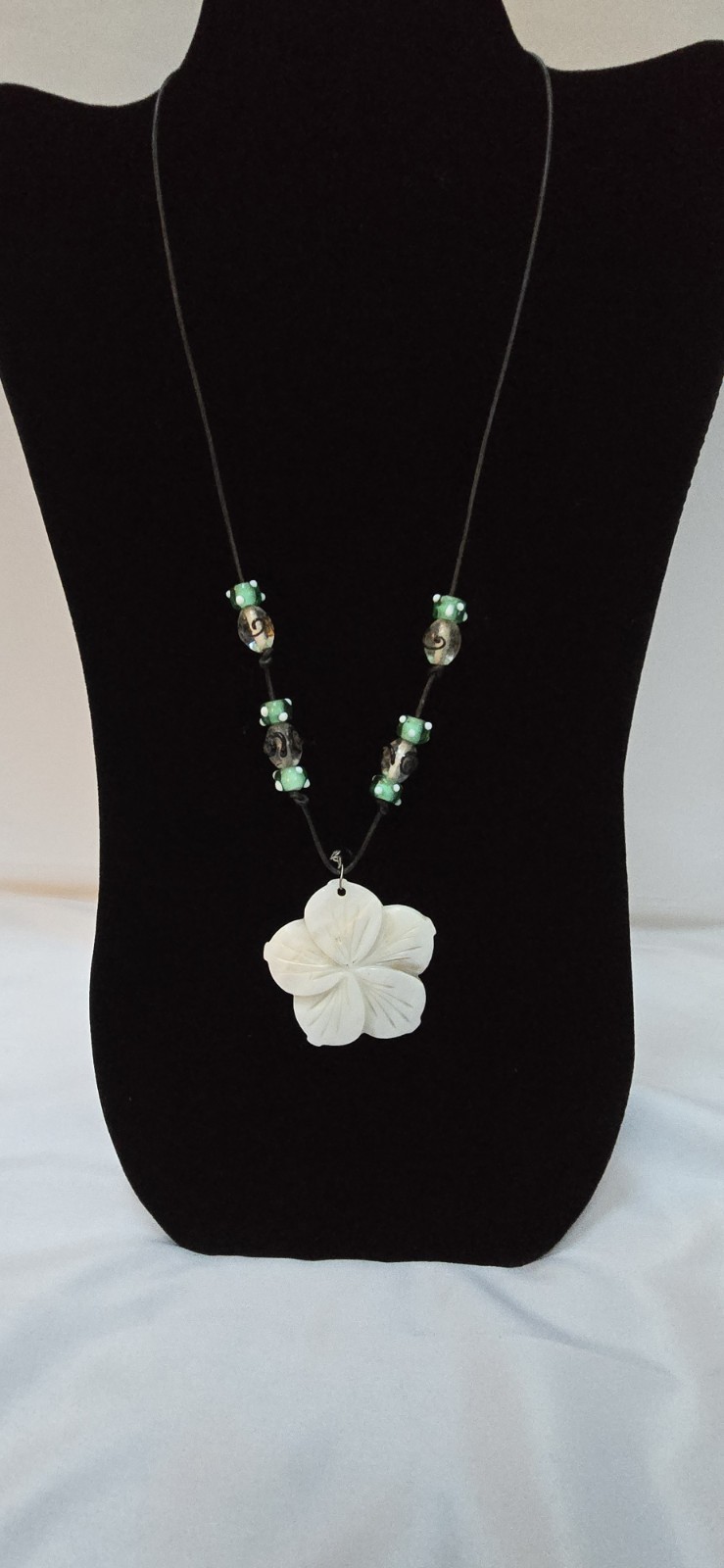 White Flower Shell Charm Pendant Necklace Green Glass Beads Black Cord