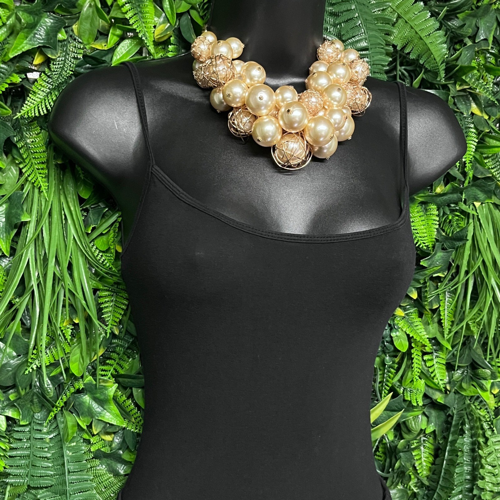 Statement Bib Necklace Gold Tone Champagne Faux Pearl Cluster Wire Cage 3979