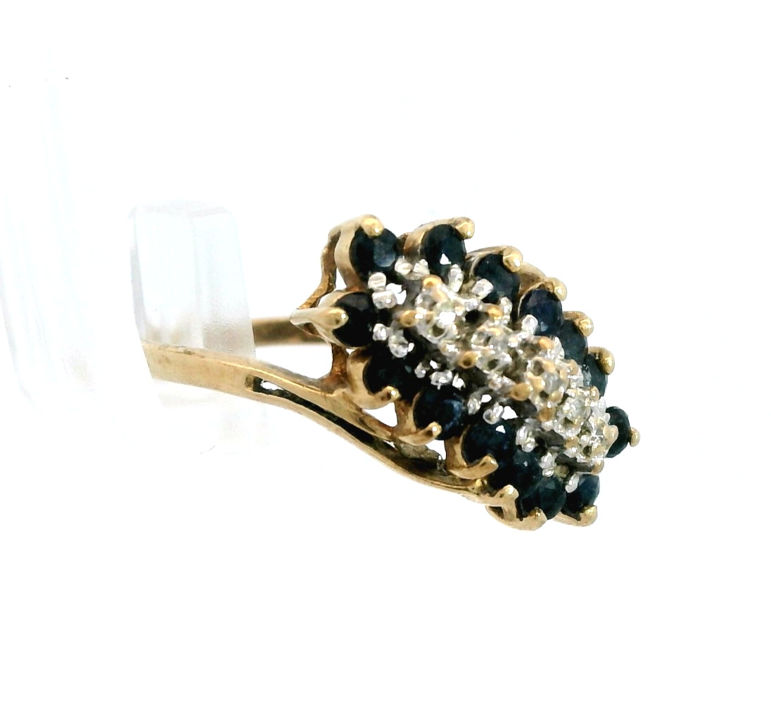 10k Yellow Gold Sapphire & Diamond Cluster Ring Size 6.5 Vintage Estate 2.6g