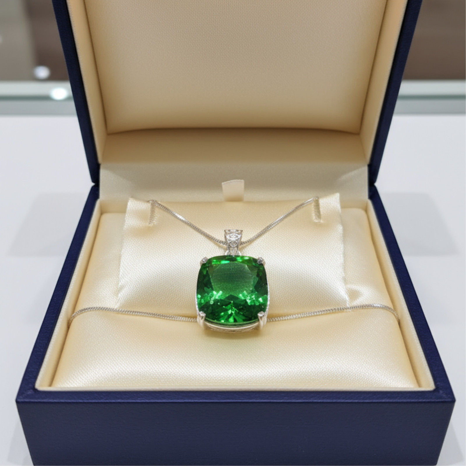 Handmade Green Emerald Crystal Pendant in Cushion Cut with Free Chain 70-80CT