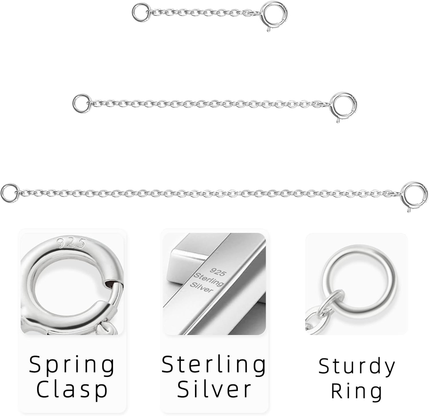 3 Pcs Necklace Extender Sterling Silver Chain Extenders for Necklaces Bracelets